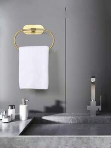 Fashionable Towel Ring And Towel Rack Hooks, Stainless Steel Material, No Drilling Required, Non-Damaging Wall Installation, Available In Gold, Black And Silver Colors; Also Suitable For Hanging Clothes And Scarves, Ideal For Bathroom, Kitchen, Bedroom, Dorm, Restroom, Closet And Other Spaces. - Gold - View 1