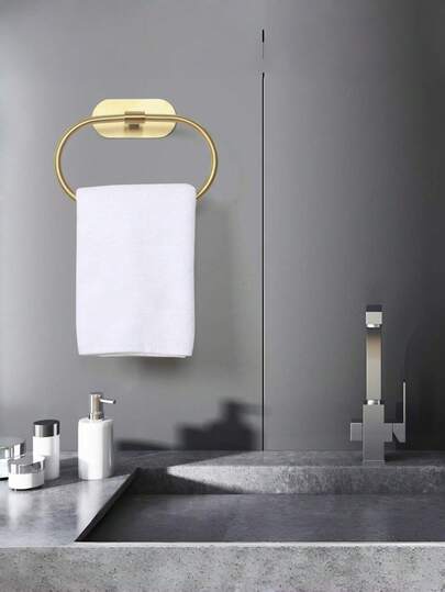 Anillo para toalla y ganchos para toallero de material de acero inoxidable, sin necesidad de perforar, instalación en la pared sin daños, disponible en colores dorado, negro y plateado; también adecuado para colgar ropa y bufandas, ideal para baño, cocina, dormitorio, dormitorio, aseo, armario y otros espacios.