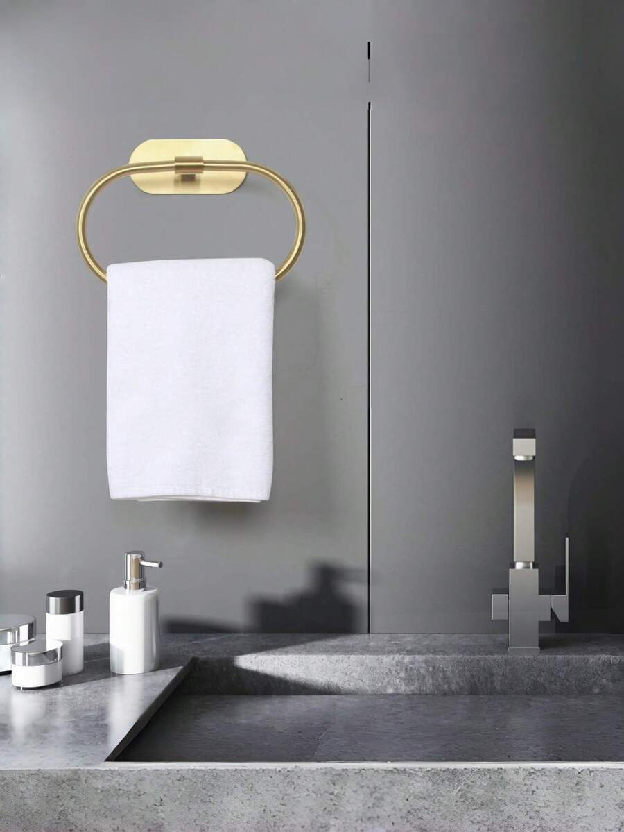 Fashionable Towel Ring And Towel Rack Hooks, Stainless Steel Material, No Drilling Required, Non-Damaging Wall Installation, Available In Gold, Black And Silver Colors; Also Suitable For Hanging Clothes And Scarves, Ideal For Bathroom, Kitchen, Bedroom, Dorm, Restroom, Closet And Other Spaces. - Gold - View 1