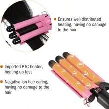 Portable Adjustable Temperature 3-Tube Hair Curler for Styling, 3 Ceramic Barrels, Iron Wave Wand, DIY Hair Tools - rosa - Ver 5