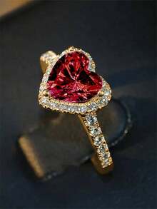 1pc Cubic Zirconia Embedded Charm Ring, Suitable For Women As Valentine's Day Gift, Wedding Anniversary Gift Or Party Accessory - Gold + Red - View 4