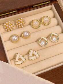 5pcs/Set Minimalist Versatile High-End Circle Faux Pearl Geometric Triangle Stud Earrings, Lightweight Luxury Fashion Design Earring Set Suitable For Women's Daily & Festival Wear (No Box) - Set D - View 1