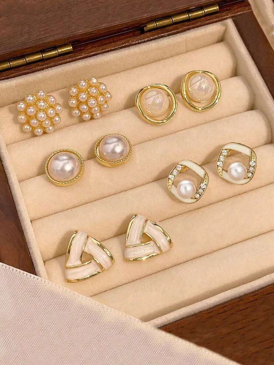 5pcs/Set Minimalist Versatile High-End Circle Faux Pearl Geometric Triangle Stud Earrings, Lightweight Luxury Fashion Design Earring Set Suitable For Women's Daily & Festival Wear (No Box) - Set D - View 1