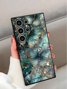 1 carcasă de telefon neagră, la modă, cu model fluture verde și flori, anti-cădere, antiderapantă, compatibilă cu Galaxy A04e/A05s/A13/A14/A15/A34/A35/A50/A52/A53/A54/S21/S22/S23/S24/S25/S25Ultra