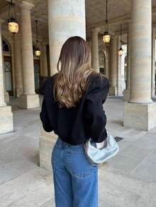 Apperloth A 90s Streetwear Style Oversized Black Flap Pocket Button Front Baseball Collar Loose Fit Bomber Jacket Spring - Black - View 4