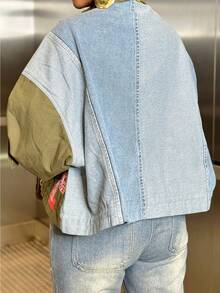 GLOURI Women's Army Green Oversized Cropped Jacket Denim Patchwork Utility Graphic Print Vintage Streetwear Casual Daily Outfits Jacket With Pockets - xanh quân đội - Xem 3