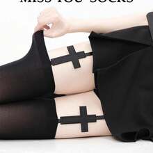 1pc Y2K Punk Style Cross Design Suspender Stockings, Sexy Black Thigh High Gothic Socks For Slim Millenial Gal, Cozy - 常規款 - 查看 3