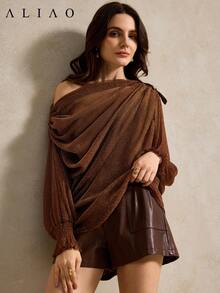 Aliao Exquisite Off-The-Shoulder See Through Long-Sleeve Top, Back To School, Going Out Tops Women, Old Money Style, Court Style, Wedding Season, Valentine's Day Outfit - Coffee Brown - View 6