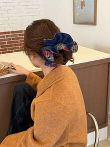 Korean Style Red & Blue Plaid Double-Layer Scrunchie, High Elasticity Hair Tie, Winter New Ponytail Hair Accessory ,Scrunchy
