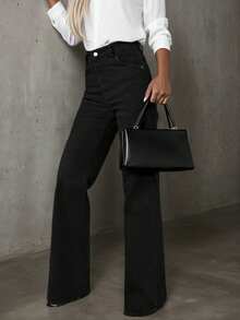 Whisplicity 大码女式黑色口袋休闲百搭直筒牛仔裤，适合秋冬穿着，可搭配万圣节