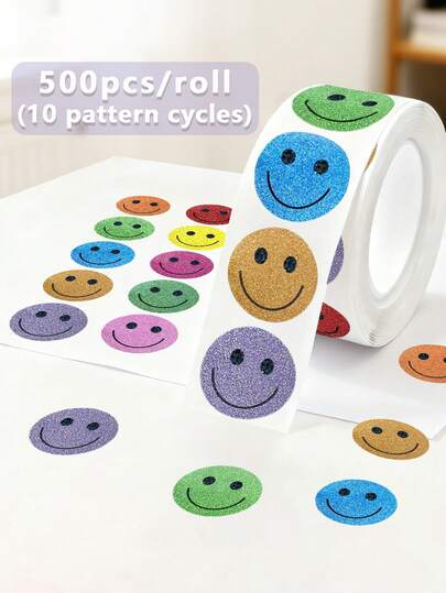500 piezas/Rollo Pegatinas holográficas de caras sonrientes, etiquetas de caras sonrientes de colores para vacaciones, recompensas de maestros, pegatinas motivacionales decorativas, pegatinas de artesanía de caras sonrientes felices, calcomanías de regalo impermeables, suministros de scrapbooking, papelería de scrapbooking, pegatinas divertidas, pegatinas para portátiles, Kindle, teléfonos