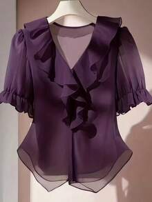 优雅浪漫紫色衬衫，法式风格，适合春夏穿着的女士短袖上衣，纯色雪纺荷叶边下摆夏季上衣，时尚女式衬衫，夏季上衣 - 紫色 - 查看 7