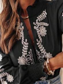Áo sơ mi nữ dài tay cài cúc, thêu hoa, kiểu dáng thường ngày, màu đen, thích hợp cho kỳ nghỉ hè. - màu đen - Xem 5
