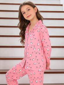 2pcs Tween Girl Pajama Set, Cute Cartoon Cat Pattern, Long Sleeve Cardigan Top And Long Pants, Flame Retardant Knit Fabric, Can Be Worn Outerwear, Suitable For All Seasons, Boys And Girls - 粉色 - 查看 4