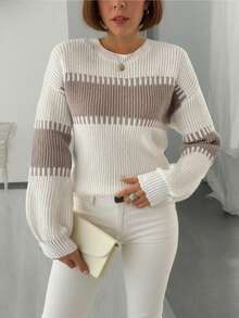 Women's Casual Contrast Color Pullover Knit Sweater, Long Sleeve - Beige - View 4