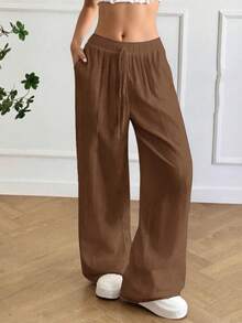 女士夏季休闲波西米亚风度假亚麻宽松低腰裤，百搭阔腿抽绳休闲裤，柔软舒适，适合日常休闲和度假穿着，四季皆宜 - 咖啡棕 - 查看 3