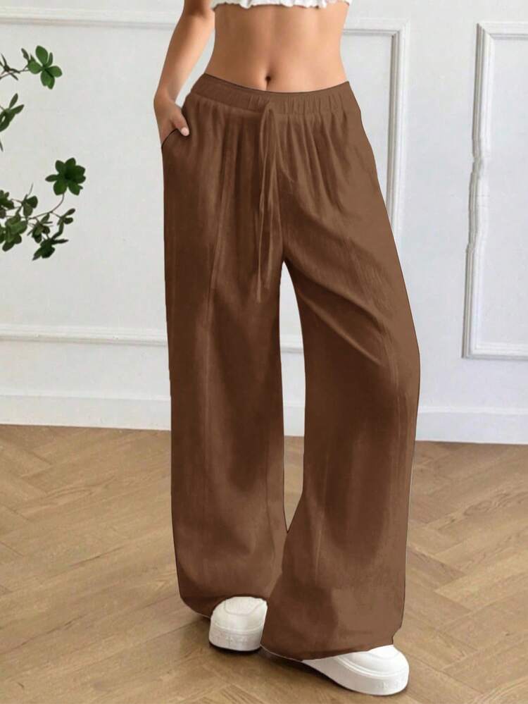 Damskie letnie, minimalistyczne, boho, wakacyjne, codzienne, codzienne, lniane, wygodne, niskie, luźne spodnie, uniwersalne, damskie, szerokie nogawki, wygodne, miękkie, ściągane sznurkiem, idealne na co dzień, wakacyjne, odpowiednie na każdą porę roku - Kawowy brązowy - Zobacz 3