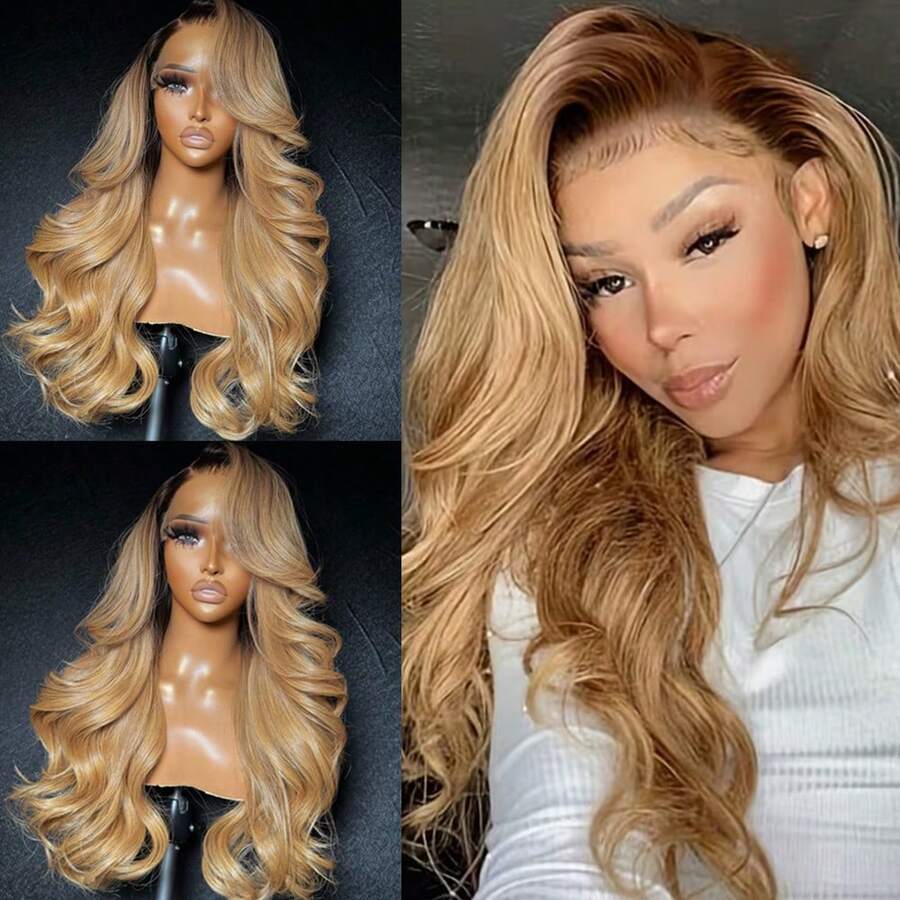 13X4 Free Part Black Green Highlights Body Wave Lace Front Wigs Pre Plucked Soft Long Wavy Hair Wigs Heat Resistant Wave Wigs Glueless Christmas Wig Long Wavy Synthetic Lace Front Wigs For Women Perfect For Daily Wear & Parties - Tóc vàng ombre - Xem 1