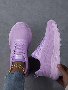 Women's Simple Purple Fabric Mesh Round Toe Lace-Up Thick Sole Comfortable Breathable Running Shoes, Suitable For All Seasons - Purple - View 2