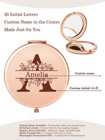 1PC Custom Print: Personalized Name Compact Mirror - Makeup Mirror, High Definition Glass, 2X Magnifying Lens! Ideal Gift For Mother, Aunt, Grandmother, Daughter, Niece, Sister, Friend, Girlfriend, Wife, Bride, Bridesmaid, Godmother, Mom, Mother-In-Law, Colleague On Holidays, Birthdays, Weddings, Mother's Day, Valentine's Day, Christmas, New Year, Teacher's Day, Anniversaries, Graduation, Baby Showers