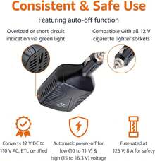 Basics 75W Car Power Inverter 12V to 110V for Vehicles, Black - albaricoque - Ver 3