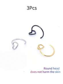 1个/2个/3个装不锈钢黑色心形鼻钉/鼻环，朋克嘻哈风格身体饰品，适合女性和女孩，L型鼻环，适合日常休闲佩戴