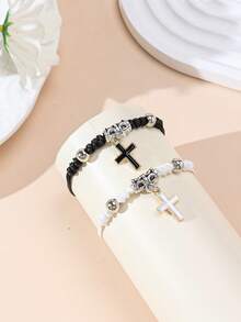 2pcs/Set New Minimalist Cross, Flower, Dog Paw, Cherry, Apple, Starfish, Shell Braided Bracelet, Couples & Friendship - Multicolor - View 3