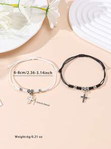 2pcs/Set New Minimalist Cross, Flower, Dog Paw, Cherry, Apple, Starfish, Shell Braided Bracelet, Couples & Friendship - Multicolor - View 4