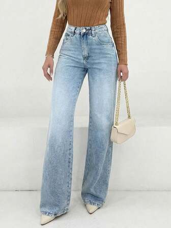 (قطن مخلوط) جينز نسائي ذو خصر عالي وساق مستقيمة بطراز قديم