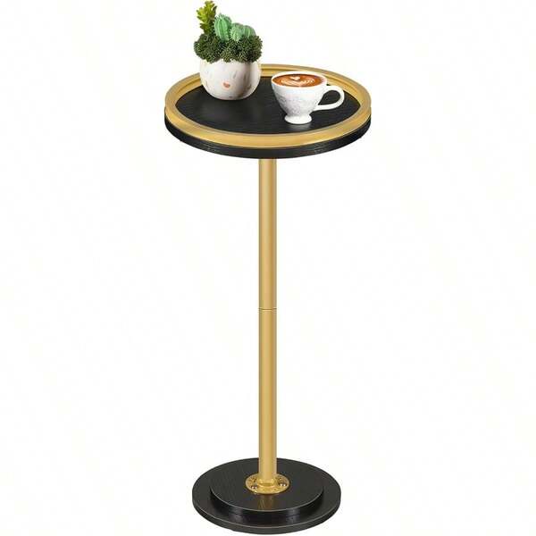 Mesa auxiliar redonda pequeña, mesa para bebidas, mesa de café, mesa de martini con pedestal para espacios pequeños en sala de estar, dormitorio, sofá, color negro y dorado DB168BZ01