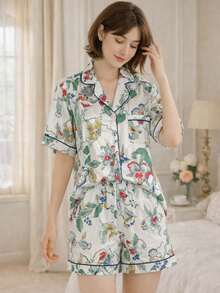 2件套女士丛林植物印花翻领短袖短裤睡衣套装，家居服 - 綠色 - 查看 3