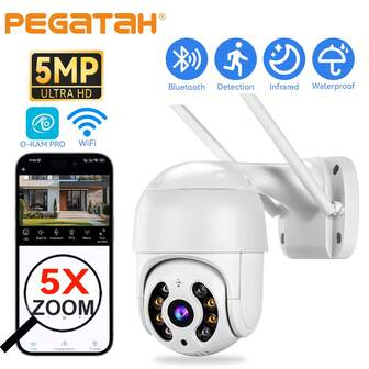 5MP WiFi Outdoor Security Camera, PTZ Dome Camera, Motion Detection, Infrared Night Vision, 5X Zoom, Two-Way Audio, IP66 Waterproof, Smart Surveillance