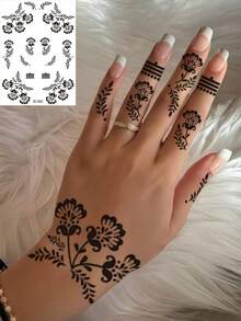 4pcs Henna Temporary Tattoo Stickers, Black Lace Hand Tattoo, Ramadan Mandala Rose Henna Tattoo, Suitable For Women Makeup, Party, Festival, Wedding, Bridal Accessories, Valentine's Day - Black - View 5
