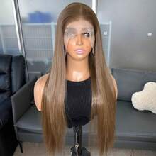 棕色 13x6 合成蕾丝前假发，女士款，22 英寸长直发，无需胶水，采用 Kanekalon 纤维制成，耐高温，自由分缝，150% 密度，蕾丝区域，预先拔毛，自然发际线，无需胶水，耐热纤维前蕾丝假发，适合时尚女性、女孩、派对、度假、演出、化妆、日常佩戴 - 棕色 - 查看 13