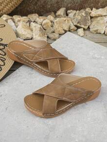 大码 36-45 夏季新款时尚休闲厚底坡跟凉鞋，露趾，绒面革，棕色，舒适沙滩坡跟凉鞋，女士 - 褐色磨砂 - 查看 7