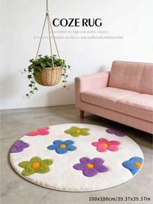 1 件彩色小碎花白色圆形地毯，可折叠，易于清洁，可水洗。天然舒适的地毯，适用于卧室、书房、客厅、家居装饰，印花图案，可作窗台地毯，四季皆宜。 - 彩色 - 查看 4