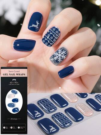 20 piezas de pegatinas de uñas de gel semi-curado, crea una atmósfera navideña invernal, pegatinas de uñas de cristal, diseño exquisito de copos de nieve y renos azul marino con brillo, pegatinas de uñas completas autoadhesivas, requieren lámpara UV, fácil de aplicar y retirar, adecuado para fiestas de Navidad, citas y manicura DIY de mujeres y niñas