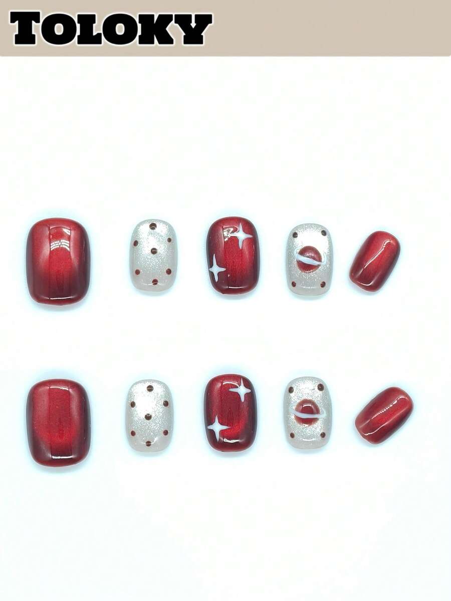 10 Peças Unhas Postiças Curtas Vermelhas com Estrela, Olho de Gato Fofo, com 3 Peças de Ferramentas de Arte de Unhas, Cola para Unhas, Suprimentos de Unhas, Unhas Falsas para Mulheres e Meninas para Festa, Viagem, Escola Diária, Unhas com Bolinhas, Unhas Curtas Quadradas Arredondadas, Encantos de Unhas Postiças de Natal, Unhas Postiças Curtas, Unhas Falsas, Acessórios de Unhas, Arte de Unhas, Unhas de Verão, Viagem, Férias, Festival de Música