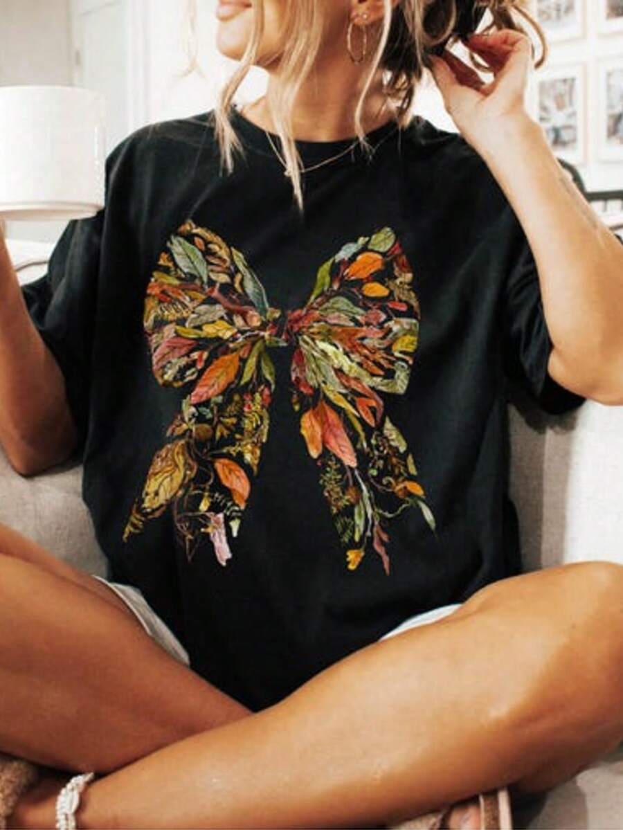 Fall Leaves Coquette Bow Tee _  Thanksgiving Shirt _ Fall Shirt - 黑色 - 查看 1