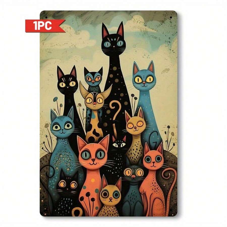 Room Decor 1pc Vintage Cat Wrought Iron Wall Art Tin Painting - Rustic Wrought Iron Wall Art Decoration, 2D Flat Print, Suitable For Living Room, Bedroom, Office, Farmhouse Decoration, 20.32cm X 30.48cm - 混合 - 查看 1