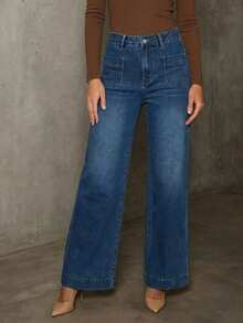 Plus Size Women High Waist Flare Leg Jeans, Elastic Loose Fit 7/8 Length Denim Pants With Pockets Casual Spring - Dark Wash - View 2