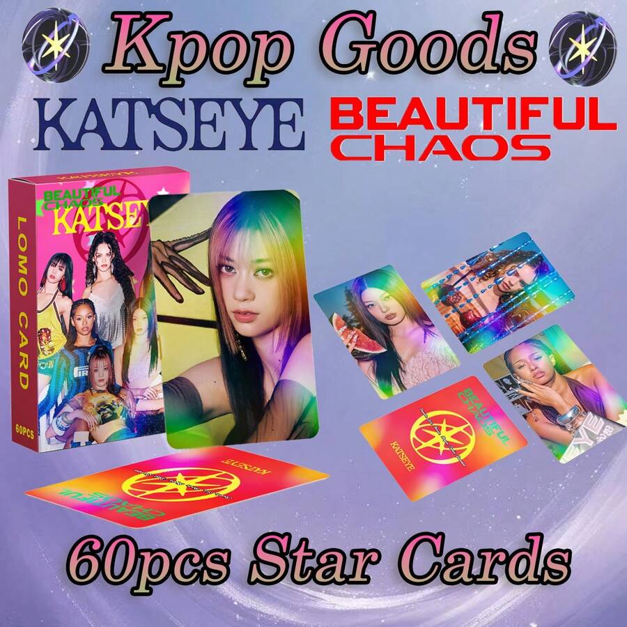 KATSEYE 小卡套装 - Sophia、Lara、Chanelle、Daniela、Yoonchae、Manon，新专辑及歌曲，Kpop 粉丝周边，60 张《Beautiful Chaos》专辑全息卡，卡片收藏，派对用品，圣诞礼物，小礼物，收藏品 - 彩色 - 查看 1