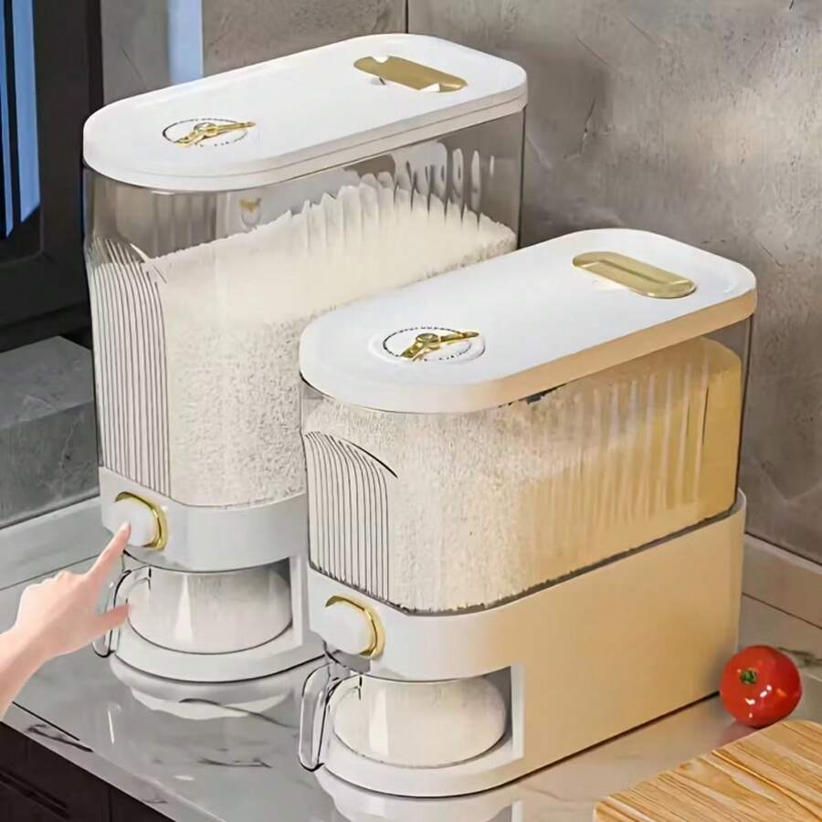 Large Capacity Rotating Rice Dispenser With Divider - Waterproof, Moisture-Proof, And Insect-Proof Grain Storage Container, Suitable For Kitchen Organization - Beige - View 1