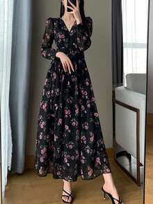 Chiffon Cool-Touch Floral Print Women's Dress - Stylish V-Neck, Mesh Patchwork Long Sleeves, Bow Tie Detail, High Waist Design, Flared Hem, 2026 Spring/Summer New Arrival, Elegant Women's Midi Dress - 黑色 - 查看 4