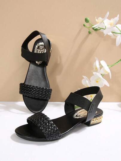 Black Woven Elastic Band Low Heel Slides, Sandals For Beach, Wedding, Party, Office, Home
