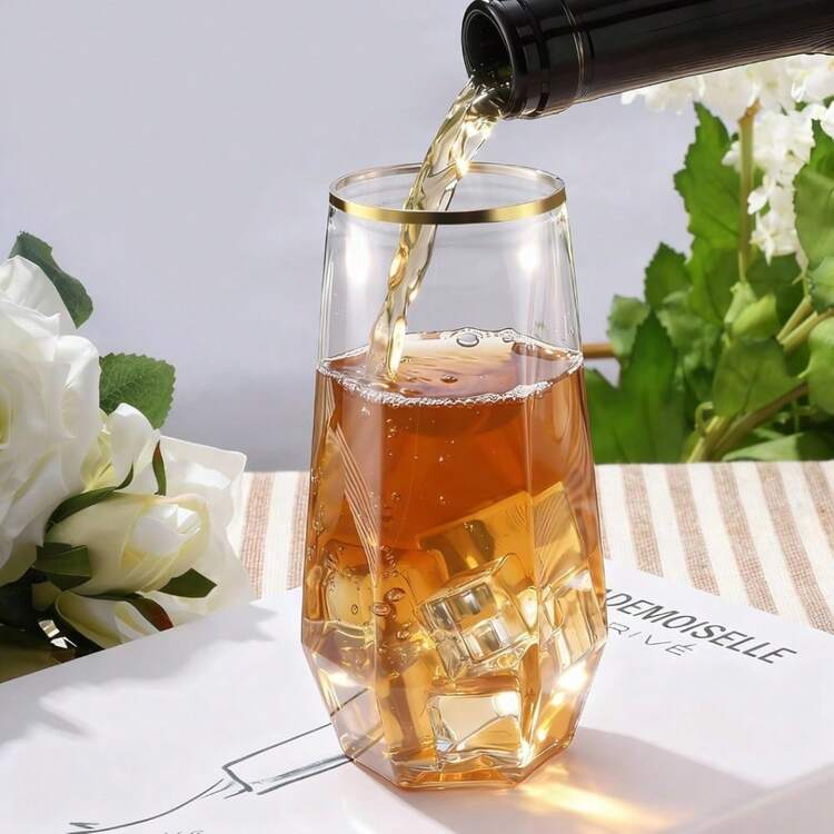 6pcs Stemless Wine Glasses, Gold Rim, 9oz Diamond Pattern - Durable & Shatterproof | Suitable For Wine, Cocktails, Juice, Champagne | Perfect Gift For Valentine's Day, New Year, Wedding, Bridal Shower, Birthday Party - Phnom Penh - View 2