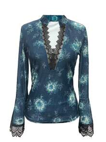 Camicia vintage da donna in pizzo e patchwork - Design elegante in pizzo a contrasto, tessuto con media elasticità, top di moda versatile per primavera e autunno, adatto per vacanze - Blu Navy - Visualizzare 4