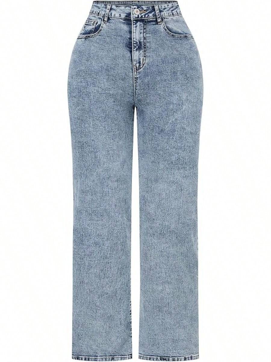 THUNDER Womens High Waisted Wide Leg Jeans Stretchy Distressed Pants - Acid Wash - View 1