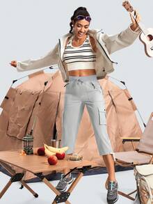 ISEEGZ  Women's Hiking Cargo Capris UPF 50+ Lightweight Quick Dry Cargo Capri Pants With 8 Pockets Workout Casual - 銀灰色 - 查看 5