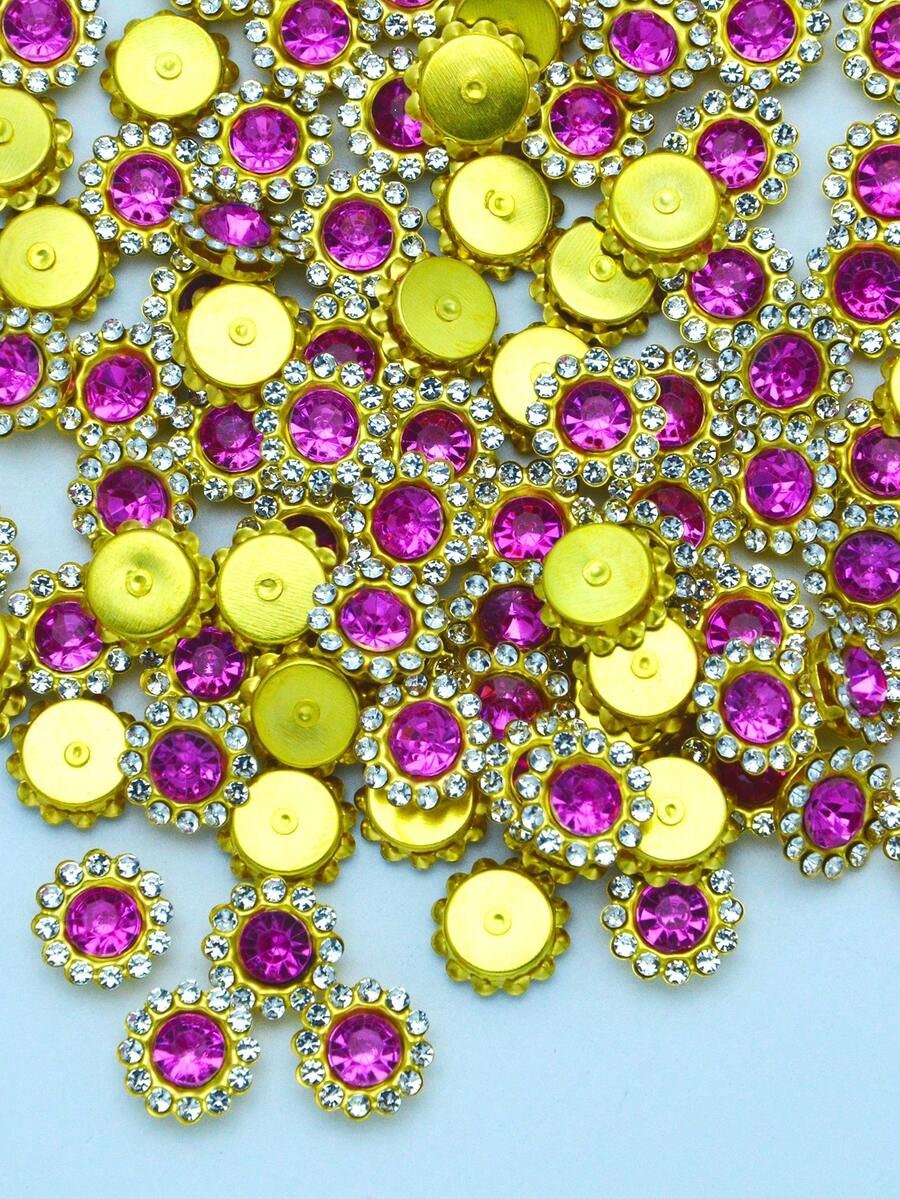 100/50pcs/Pack 12mm Round Rhinestone Flower Buttons, Sunflower Shiny Design, Double Flower, Sewing DIY Accessories, Bows And Crafts - Hot Pink - View 1